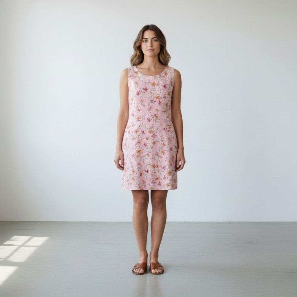 Liz Claiborne Lizsport Pink Floral Linen Blend Sleeveless Sheath Dress Size 16
